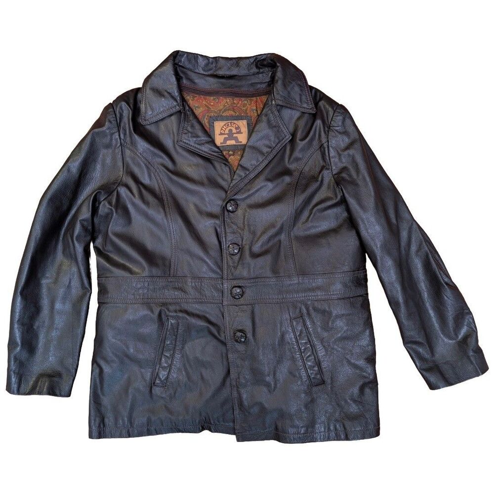 Vintage Phase 2 Men's L Black Genuine Leather Jacket Paisley Lining 1980s 90s